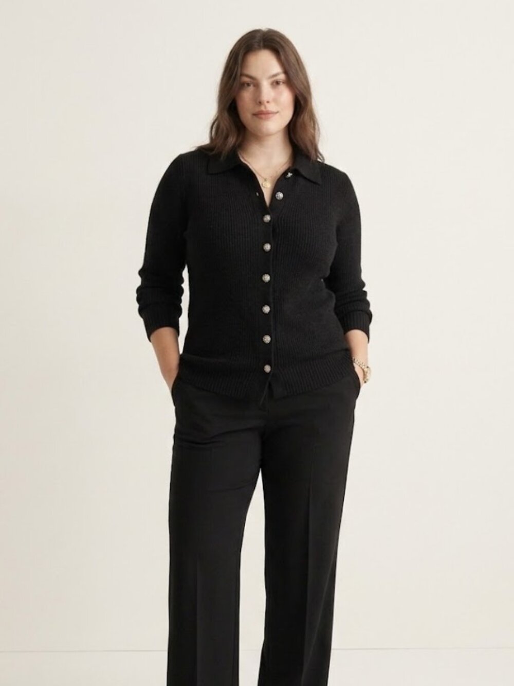J.Crew Milano Stitch Sweater XL Black Collared Button Front Cinched Waist Luxury